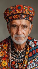 Fototapeta premium Portrait of an Elderly Man Wearing Traditional Clothing with Floral Patterns