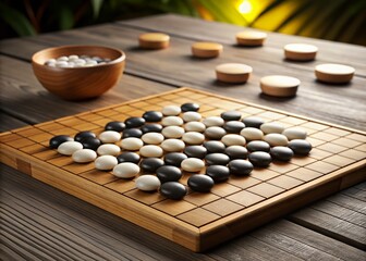 Panoramic View of Traditional Asian Goban Board with Weiqi Go Game in 3D Illustration