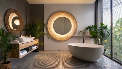 Modern bathroom interior with round illuminated mirror and bathtub. 3D Rendering