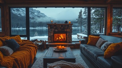 Cozy cabin interior with a fireplace overlooking a snowy landscape.