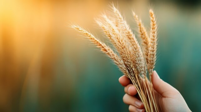 A close-up of a hand holding golden wheat stalks, evoking imagery of rural serenity and the natural beauty of agriculture and harvest in a calming composition.