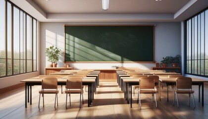 Modern classroom interior with empty wooden desks and a large blackboard. 3D Rendering