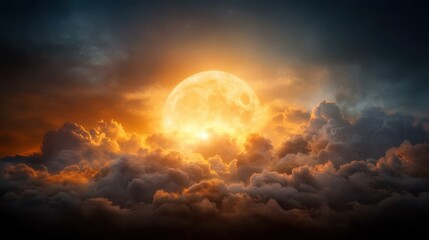 Naklejka premium A stunning night display spotlighting a full moon with intricate detail against an expansive cloud backdrop, perfect for cosmic allure and artistic inspirations.