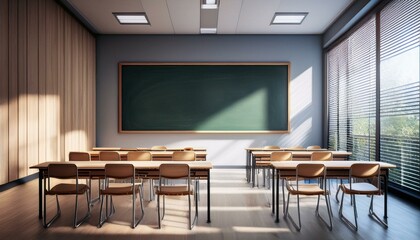 Modern classroom interior with large blackboard and wooden desks. 3D Rendering