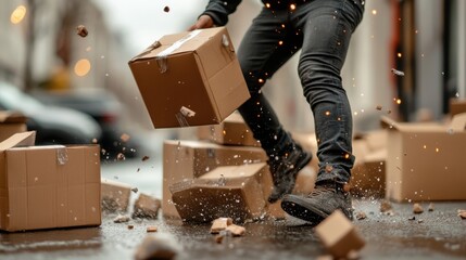 A person accidentally drops several packages on a bustling street, resulting in a chaotic scattering of boxes and debris on the pavement, capturing a moment of urban mishap.