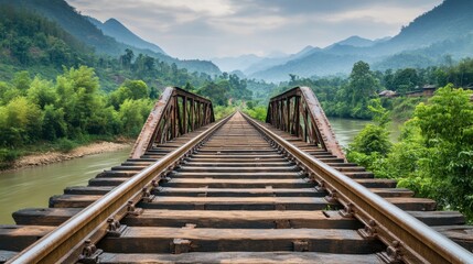 Fototapeta premium Scenic Bridge Over Calm River Surrounded by Mountains
