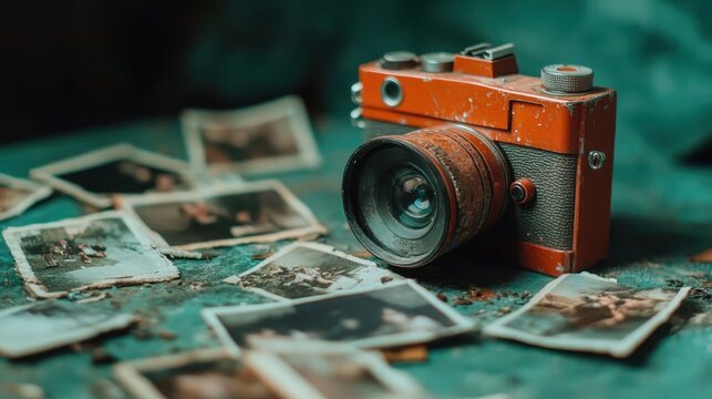A rustic red camera rests on a textured surface surrounded by scattered old black-and-white photos, evoking nostalgic memories and artistic expression.