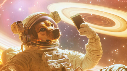 A dog in a spacesuit floats in cosmic weightlessness while using a smartphone and capturing moments