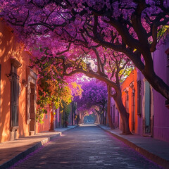 Obraz premium Enchanting Street with Blooming Purple Trees