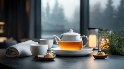 Obraz premium A serene tea setup featuring a teapot and cups with a foggy window as the backdrop, evoking warmth, comfort, and introspection in a cozy setting.