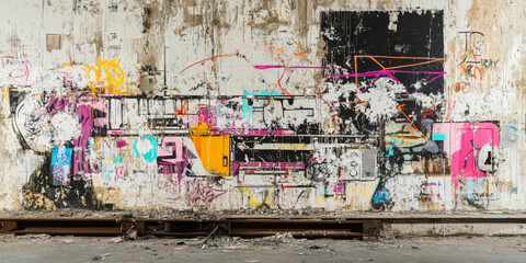Fototapeta premium A chaotic mix of graffiti tags, bright neon lines, and abstract figures painted on the dilapidated walls of a deserted industrial factory, with peeling paint and rusted equipment in the foreground