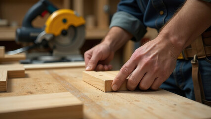 A skilled woodworker adjusts a wooden block on a workbench, preparing for his next cut, as a miter saw stands ready in the background.