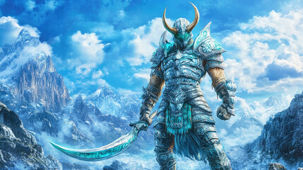 Naklejka premium Epic Scorpio warrior in ornate armor stands ready for battle in a majestic mountain landscape