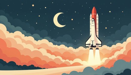 Fototapeta premium Retro Rocket Launching Into Night Sky with Crescent Moon