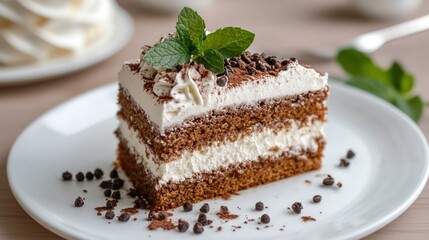 a piece of cake with mint leaves on a plate