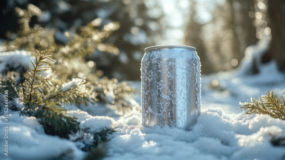 Poster a silver can sits untouched in a blanket of snow, surrounded by evergreen branches, under the soft l