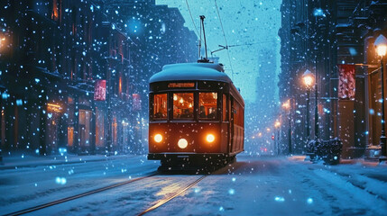 Obraz premium Vintage tram journeys through a snowy city street on a winter evening