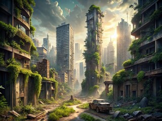 Obraz premium Post-Apocalyptic City Ruins - Urban Exploration of War-Damaged Technology and Buildings