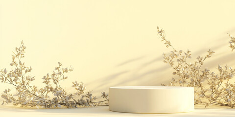 A minimalist white round podium on a pale yellow background, with small, delicate leaves creating a soft, natural touch for a clean and fresh product showcase