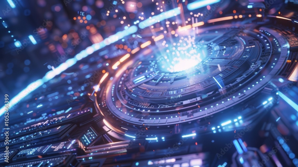 Poster complex circular quantum computing machine processing data with artificial intelligence, glowing wit