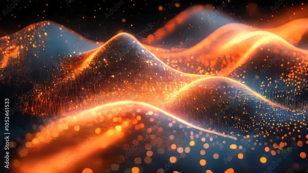Poster abstract wave pattern with glowing orange dots on dark background, resembling digital data flow or p