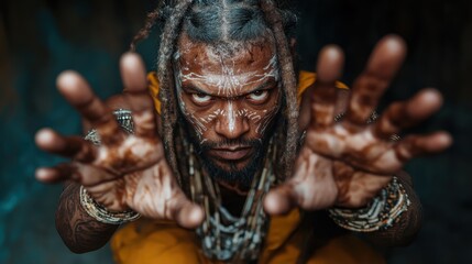 An enigmatic figure with face paint and intricate markings displays a mystical pose, representing spirituality and cultural essence in an evocative and artistic manner.