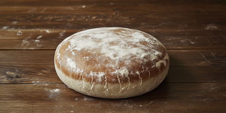 A round boule of sourdough with a dusting of flour sits on a wooden table, with cracks in the crust showing off its artisanal quality