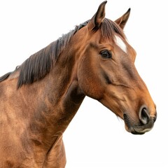 Obraz premium Brown horse with dark mane looking slightly down, isolated on white background