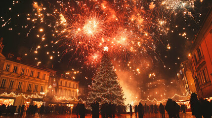 Naklejka premium Fireworks illuminate Christmas tree in city square celebrating festive joy and togetherness