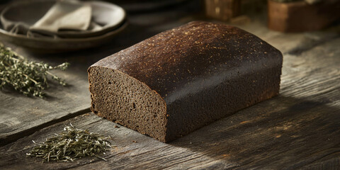 A rustic, dark loaf of pumpernickel bread with a firm crust is set on a rough wooden table, surrounded by dried herbs and a simple table setting