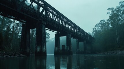 Foggy River Scene with Vintage Bridge Structure
