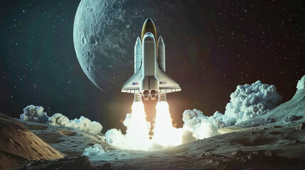 Futuristic space shuttle launches from moon base with powerful propulsion technology