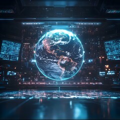 Fototapeta premium Holographic Earth in High Tech Control Room Displaying Real Time Climate Population and Resource Data