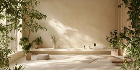 A serene studio space with soft ivory walls, muted green accents, and potted plants, creating a soothing environment for a modern, minimalist product showcase