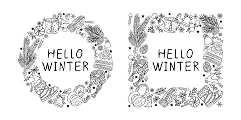Christmas wreath. Vector illustration of winter pattern with isolated elements. Hand elements. Background for greeting card design, holiday decor.