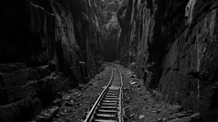 Naklejka premium Serene Pathway Through Rocky Canyon in Black and White
