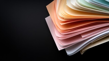 A stack of colorful papers in shades of orange, pink and blue, artfully arranged against a dark background, creating a striking abstract composition of colors and layers.