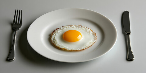 A single fried egg with crispy edges and a bright yolk rests on a minimalist plate, accompanied by a fork and knife in a clean, modern setting