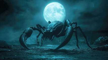 A mystical Scorpio emerges from shadows under the full moon's ethereal glow