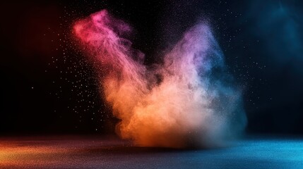 A breathtaking capture of a multicolored dust cloud erupting with vibrancy and energy, forming a mesmerizing spectacle full of dynamic movement and color.