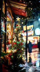 Naklejka premium Festive Christmas tree on a snowy evening street with bokeh lights on a blurred background. Greeting card template with copy space.