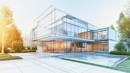 Fototapeta premium Precision wireframe sketch of a contemporary house design showcasing structural details and angles