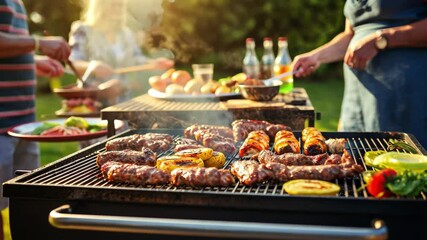 A group of friends gathered in fresh air. Barbecue, grill, cooking outside.
