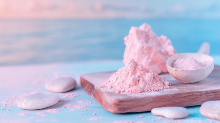 Pink clay powder on a wooden board with white stones and a spoon.