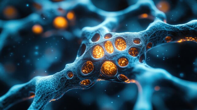 Abstract 3D rendering of a neural network with glowing nodes.