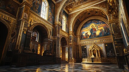 Fototapeta premium Radiant Interior of Ornate Church with Colorful Mosaics