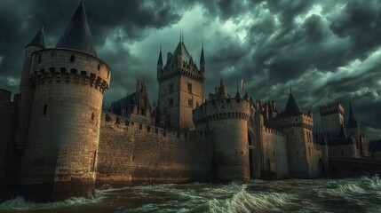 Fototapeta premium Majestic Castle Under Dramatic Stormy Sky