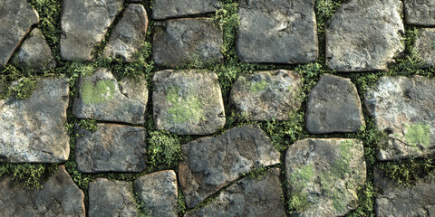 Fototapeta premium A textured cobblestone pavement, with soft green moss and patches of lichen growing between the cracks, giving a natural and rustic feel to the weathered stone surface