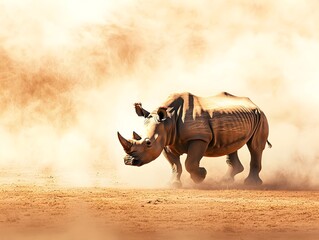 Fototapeta premium Lone Rhinoceros Searching for Shade in Dry Dusty Savanna Landscape