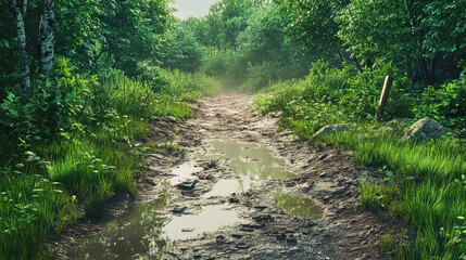 Obraz premium A muddy path through a lush forest reflects the sky after a refreshing rainstorm